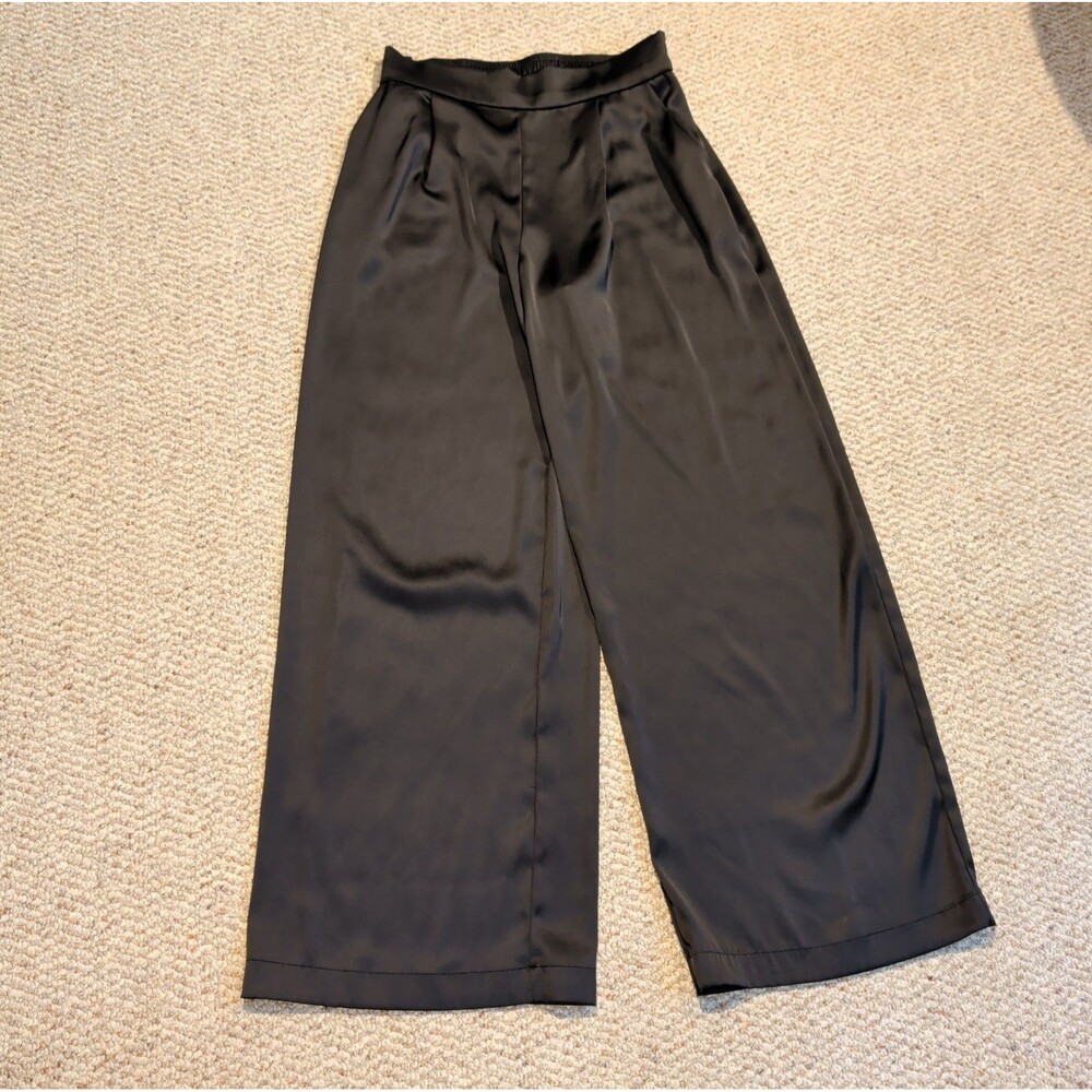 House of Harlow 1960 Satin Pleated Pants Small Black High Waist Wide Leg Flowy